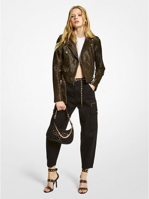 Kurtka Damskie Michael Kors Leopard Print Calf Hair Moto Oliwkowe | PL1384HAM