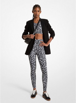 Legginsy Damskie Michael Kors Stretch Recycled Nylon Leopard Logo ALUMINUM | PL1427NWG