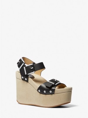 Sandały Damskie Michael Kors Colby Leather Wedge Czarne | PL1835ZUK