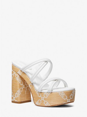 Sandały Damskie Michael Kors Corrine Empire Logo Jacquard Straw Platform NAT/OPTICWHT | PL1841MQB