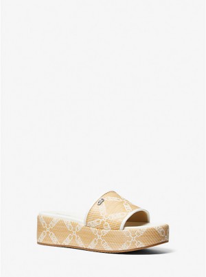 Sandały Damskie Michael Kors Ember Empire Logo Jacquard Straw Platform NAT/OPTICWHT | PL1861UZJ