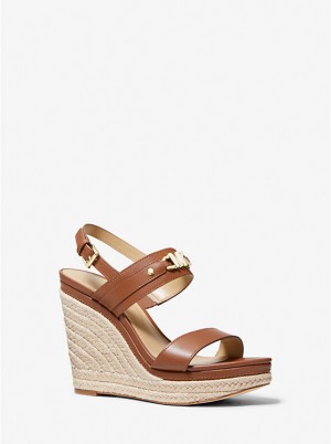 Sandały Damskie Michael Kors Farrah Leather Wedge LUGGAGE | PL1862YXK