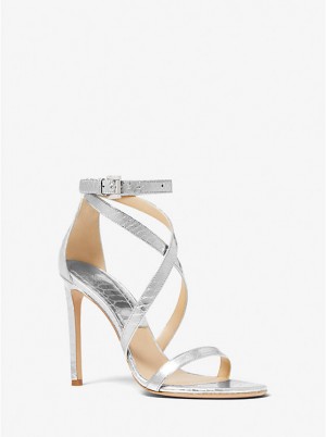 Sandały Damskie Michael Kors Ingrid Metallic Python Embossed Leather Srebrne | PL1877PJY