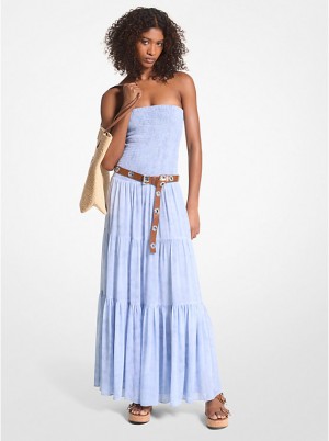 Sukienka Damskie Michael Kors Chambray Print Smocked Georgette Maxi CHAMBRAY | PL1281GSR
