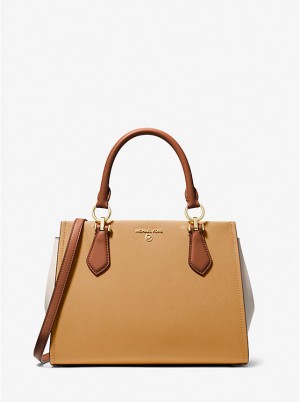 Torba Crossbody Damskie Michael Kors Marilyn Medium Color-Block Saffiano Leather Satchel PALE PEANUT/LUGGAGE | PL1114MQM