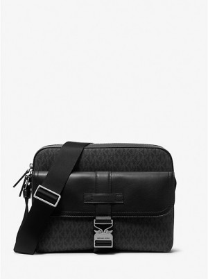 Torba Crossbody Męskie Michael Kors Hudson Signature Logo and Leather Camera Czarne | PL2119OKT
