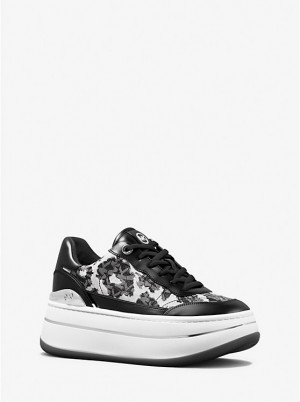Trampki Damskie Michael Kors Hayes Leopard Logo and Leather Platform Czarne | PL1991ZUS