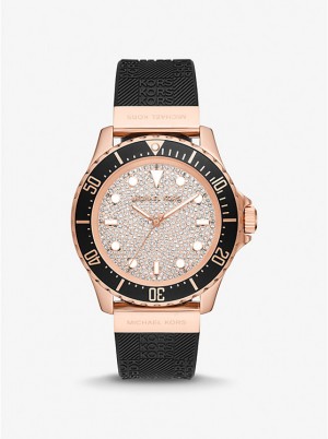 Zegarek Damskie Michael Kors Oversized Slim Everest Pavé Rose-Gold Tone and Embossed Silicone Czarne | PL1636BEI